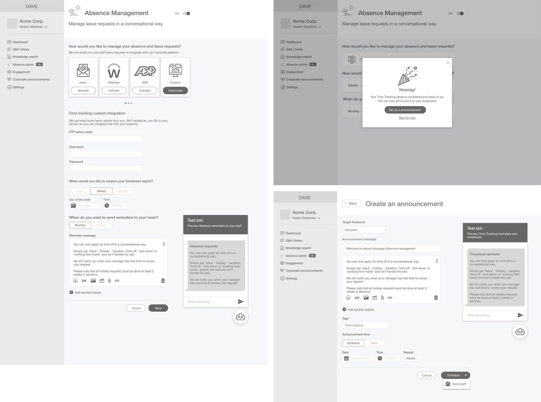 Absence and announcements wireframes