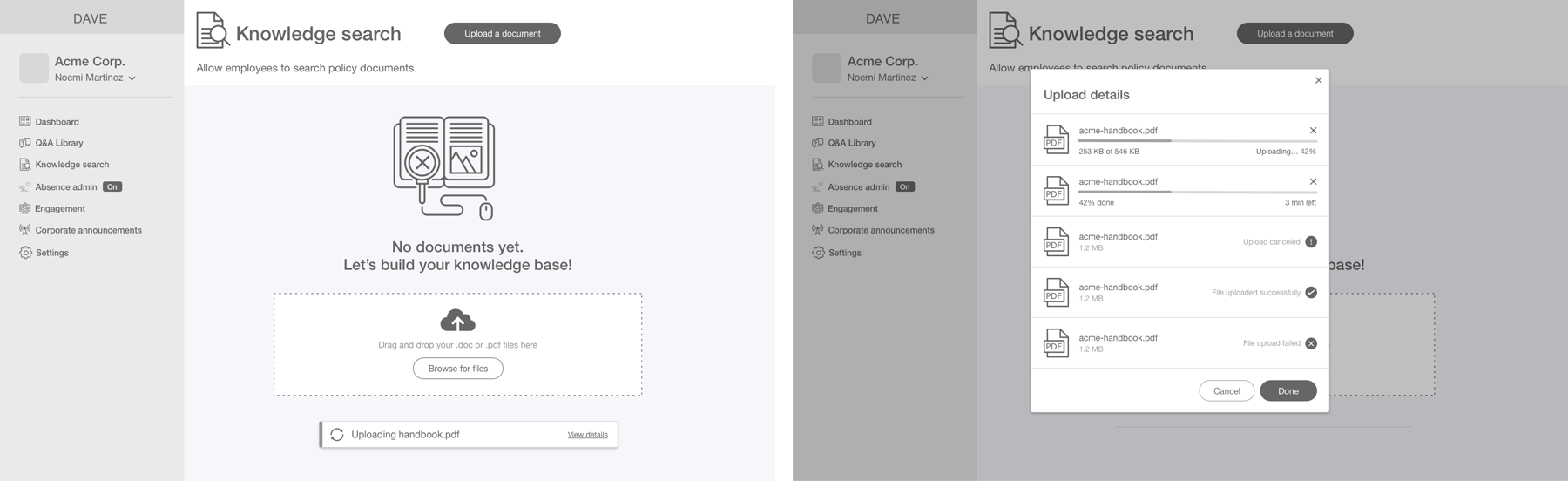 Knowledge search wireframes