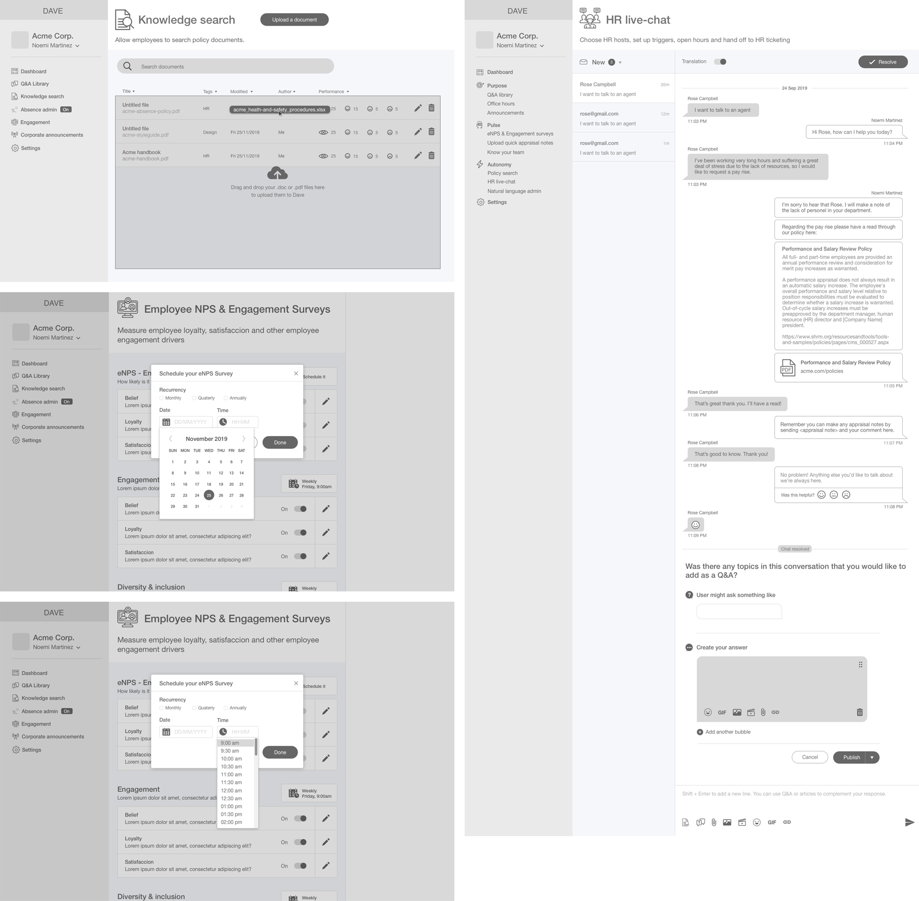 Surveys and Live Chat wireframes